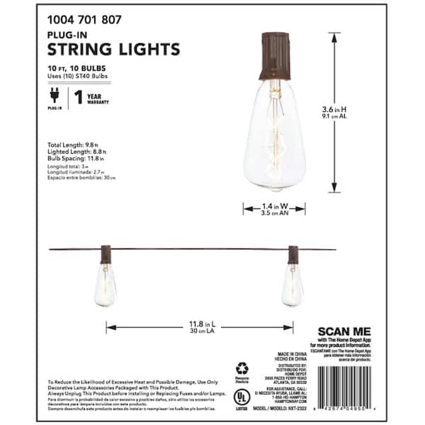 Hampton Bay Outdoor/Indoor 10 ft. Light Line Voltage 10-Head ST40 Vintage  Bulb Incandescent String Light (2-Pack) NXT-2322(2pk) - The Home Depot