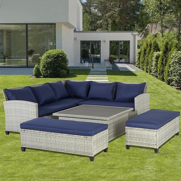 Runesay 6-Piece Wicker Outdoor Sectional Set Patio Conversation Sofa Set with Dark Blue Cushions