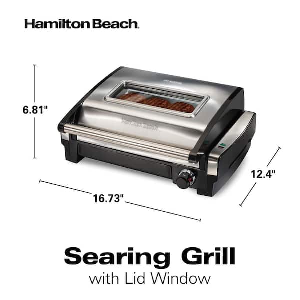 Hamilton Beach Electric Indoor Searing Grill with Viewing Window &  Adjustable Temperature Control to 450F, 118 sq. in. Surface Serves 6,  Removable
