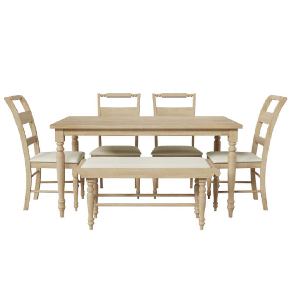 Natural 6-Piece Wood Table with Turned Legs Upholstered Chairs and Long Ben