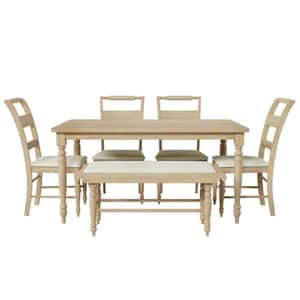 Natural 6-Piece Wood Table with Turned Legs Upholstered Chairs and Long Bench Outdoor Dining Set with Beige Cushion