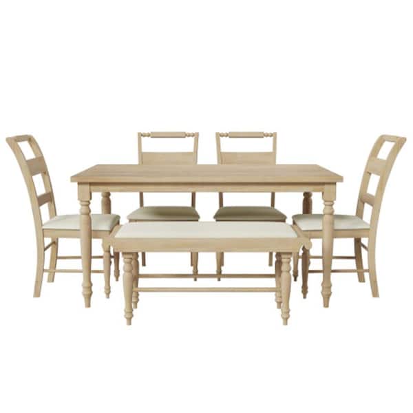 Unbranded Natural 6-Piece Wood Table with Turned Legs Upholstered Chairs and Long Bench Outdoor Dining Set with Beige Cushion