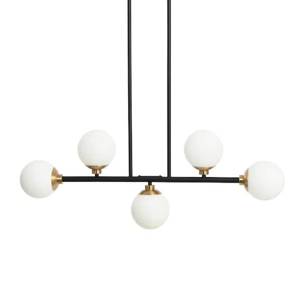 Robert Stevenson Lighting Lorne - 5-Light Black Matte Chandelier Metal and Frosted Glass Globe with Brushed Gold Accent