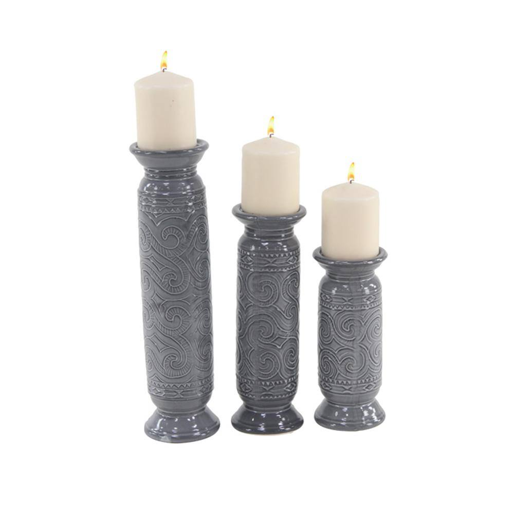 Elegant Scrollwork 9"-15" Gray Ceramic Candlestick Trio
