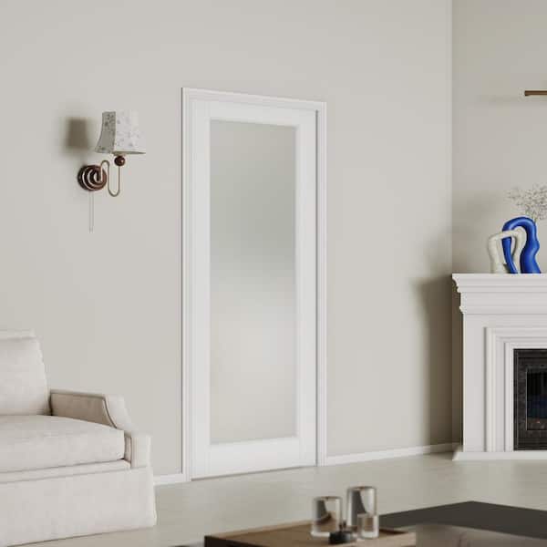 TENONER 32 in. x 80 in. 1-Lite White MDF Tempered Frosted Glass Single Sliding Pocket Door Frame With Hardware Kit