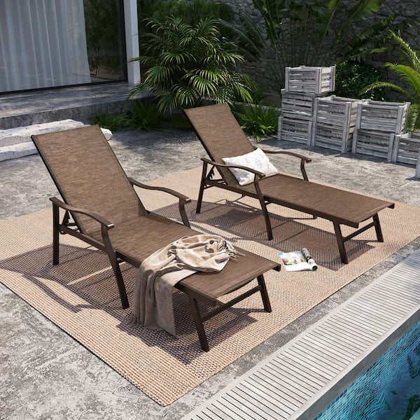 2-Piece Aluminum Adjustable Outdoor Patio Chaise Lounge in Brown with Arms
