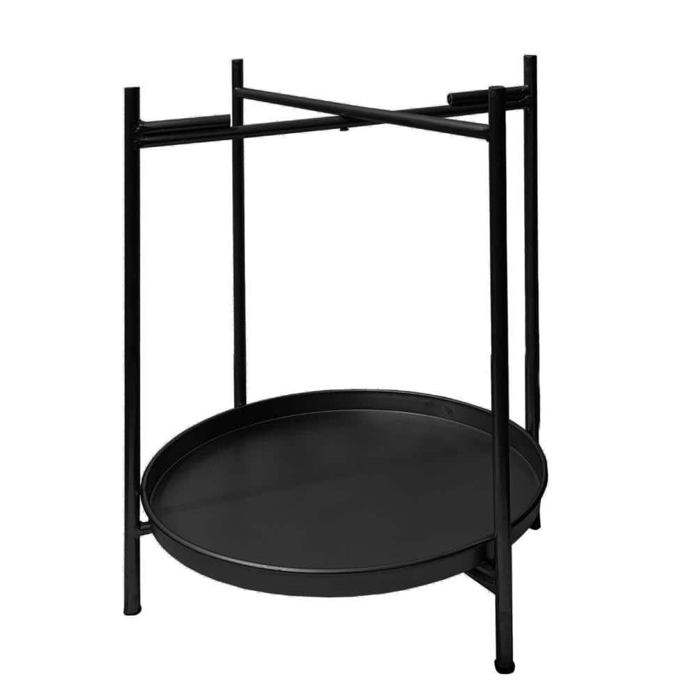 15" Black Metal Round Tray Top Side Table with Foldable Legs