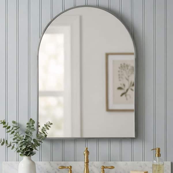 White 30 in. W x 36 in. H Small Arch Framed Decorative Wall Mount Bathroom Vanity Mirror