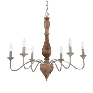 Aaren Candle Style Classic Traditional 6-Light Wood Grain Paint 28 in. Chandelier