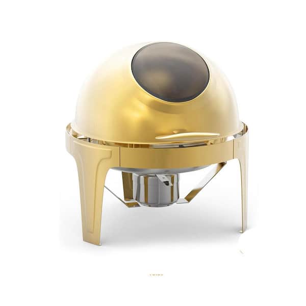 6.3 Qt. Round Gold Stainless Steel Chafing Dish Buffet Server with Visible Roll Top, Food Pan & Water Pan