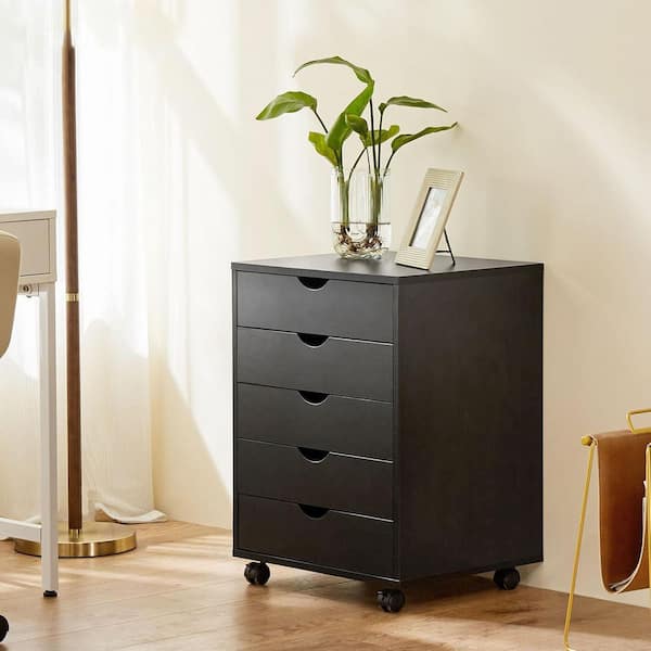 5-Drawer Black Wood 19 in. W Vertical File Cabinet Rolling Organizer Storage Chest with Wheels