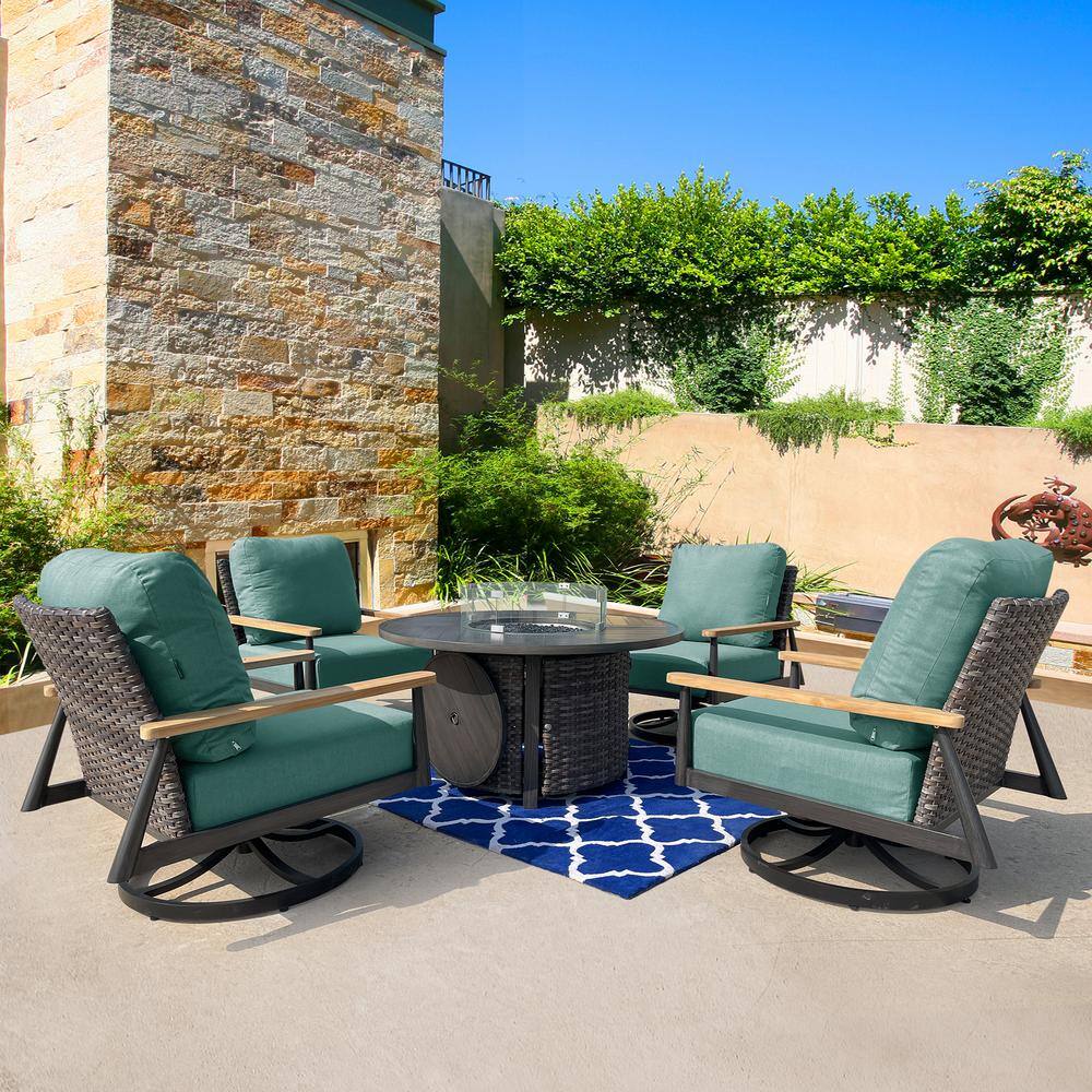 Manbo 5-Piece Aluminum Wicker Outdoor Patio Fire Pit Deep Seating Set with Acrylic Cast Breeze Cushions
