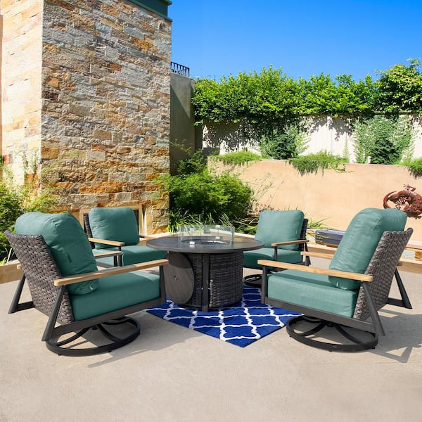 HiGreen Outdoor Manbo 5-Piece Aluminum Wicker Outdoor Patio Fire Pit Deep Seating Set with Acrylic Cast Breeze Cushions