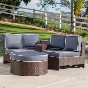 Brown 4-Piece Faux Rattan Patio Sectional Seating Set with Navy Blue Cushions
