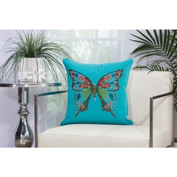 Mina Victory Beaded Butterfly Turquoise Polyester Standard Throw Pillow