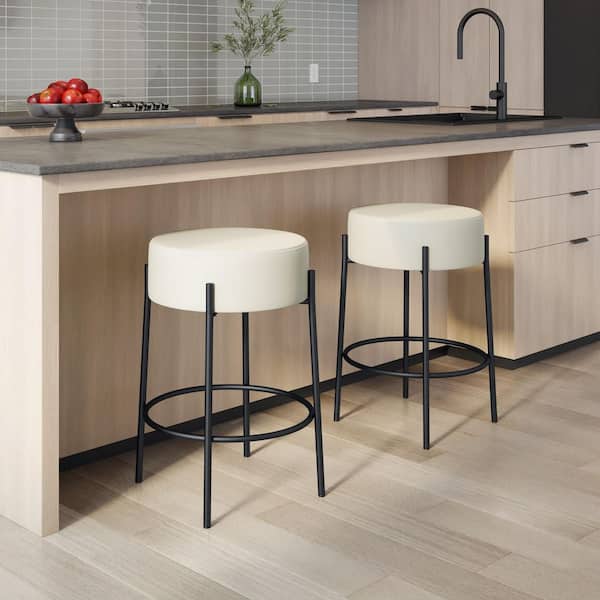 Clovis 26.75 in. Backless Counter Stool Off White Faux Leather / Black Metal