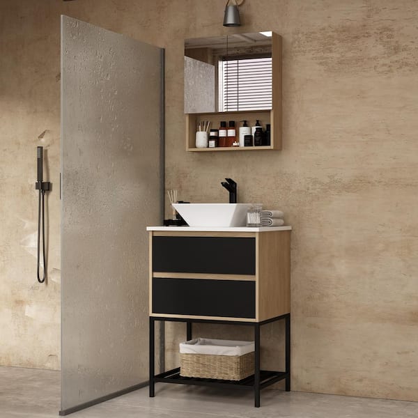 FUFU&GAGA 23 in. W x 17.7 in. D x 34 in. H in Wooden Grain Ready to Assemble Free Standing Bathroom Cabinet with Mirror & Basin