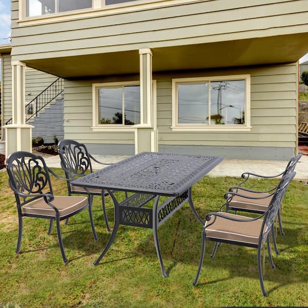 Willit Elizabeth 5-Piece Cast Aluminum Outdoor Dining Set with 58.27 in. x 34.65 in. Rectangular Table and Random Color Cushion