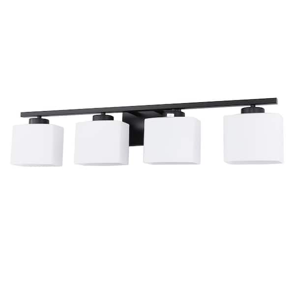 Briignite 31 in. 4 Light Matte Black Vanity Light with White Glass Shades for Bathroom Bedroom