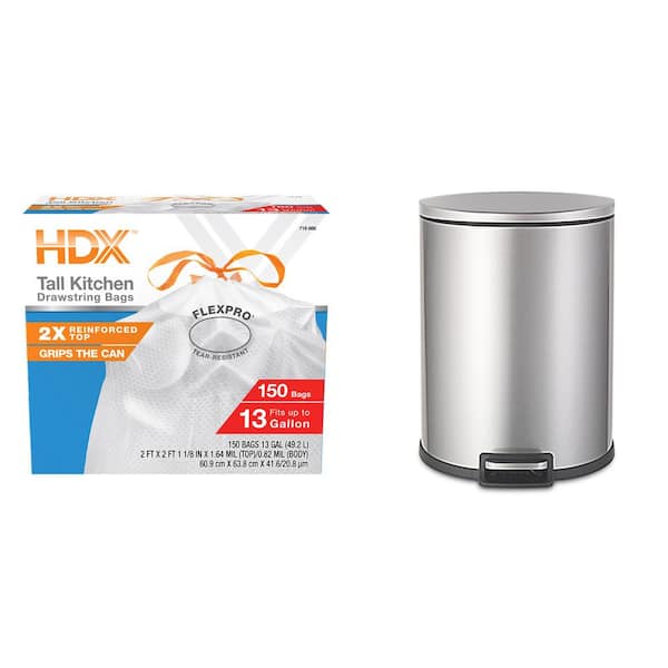13 Gal. Stainless Steel D Shape Step-On Trash Can Plus 13 Gal. Drawstring Kitchen Trash Bag (150-Count)