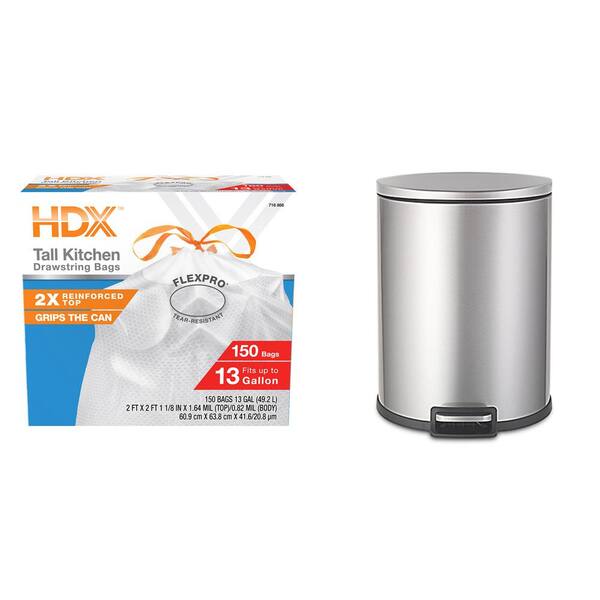 13 Gal. Stainless Steel D Shape Step-On Trash Can Plus 13 Gal. Drawstring Kitchen Trash Bag (150-Count)