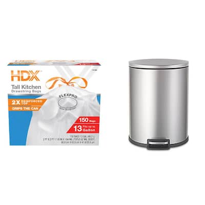 13 Gal. Stainless Steel D Shape Step-On Trash Can Plus 13 Gal. Drawstring Kitchen Trash Bag (150-Count)