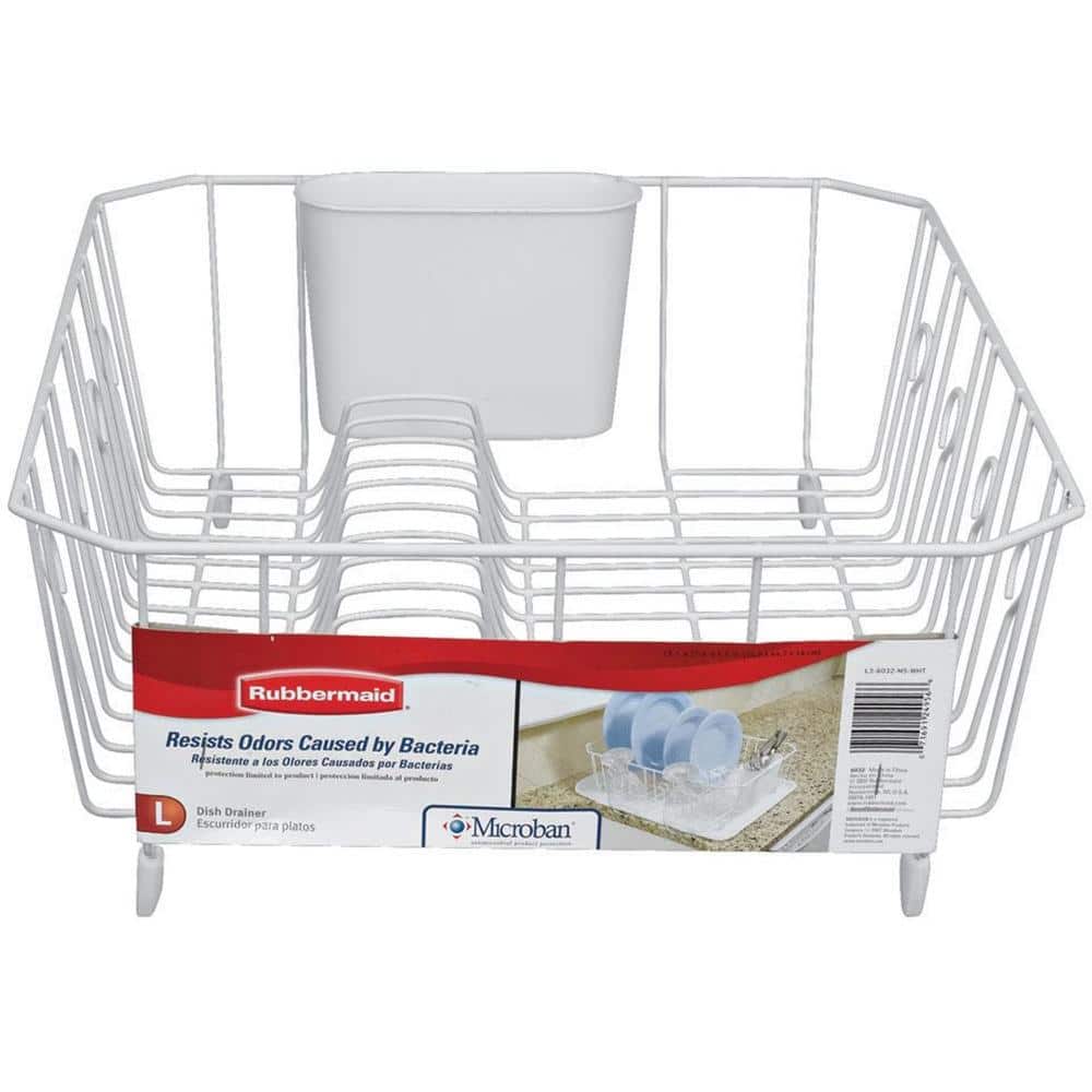 Large White Rubbermaid AntiMicrobial In-Sink Dish Drainer With Silverware Cup 