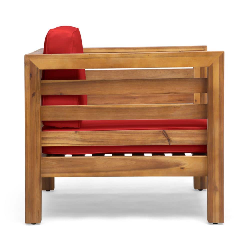 Teak Brown Lounge Chair with Plush Red Cushions