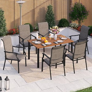 Black 7-Piece Metal Outdoor Patio Dining Set with Wood-Look Rectangle Table and Padded Textilene Chairs