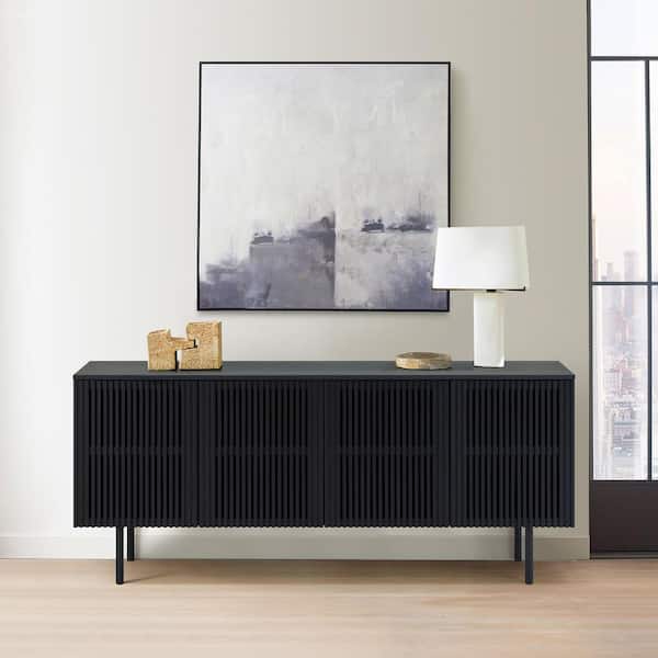 Armen Living Pasadena Black Oak Wood Veneer 66 in. 4 Door Buffet Cabinet with 2 Adjustable Shelves
