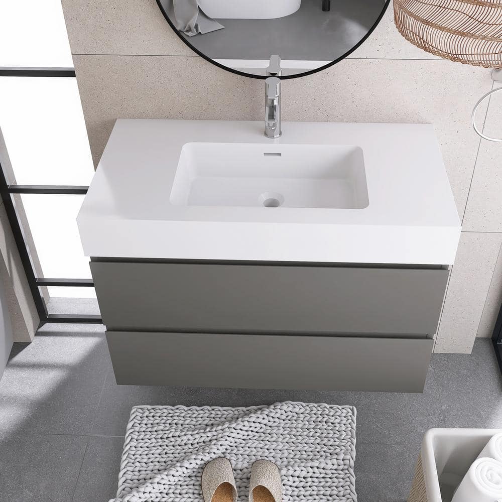 Grey Wall-Mounted Bathroom Vanity with White Resin Sink, 36"