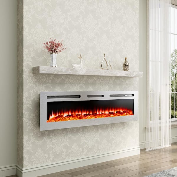 60 in. Stainless Steel Electric Fireplace Insert Wall Mounted or Recessed with 12 Flame Colors and Remote