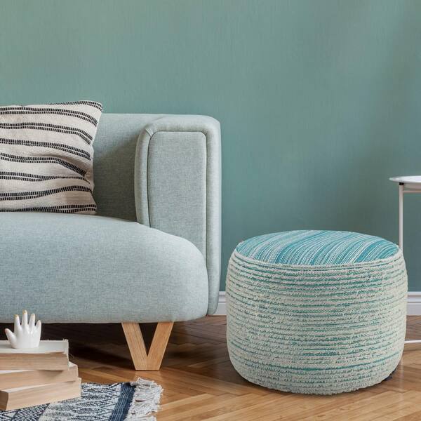Aqua Blue/White Tropical Textured and Distressed Pouf