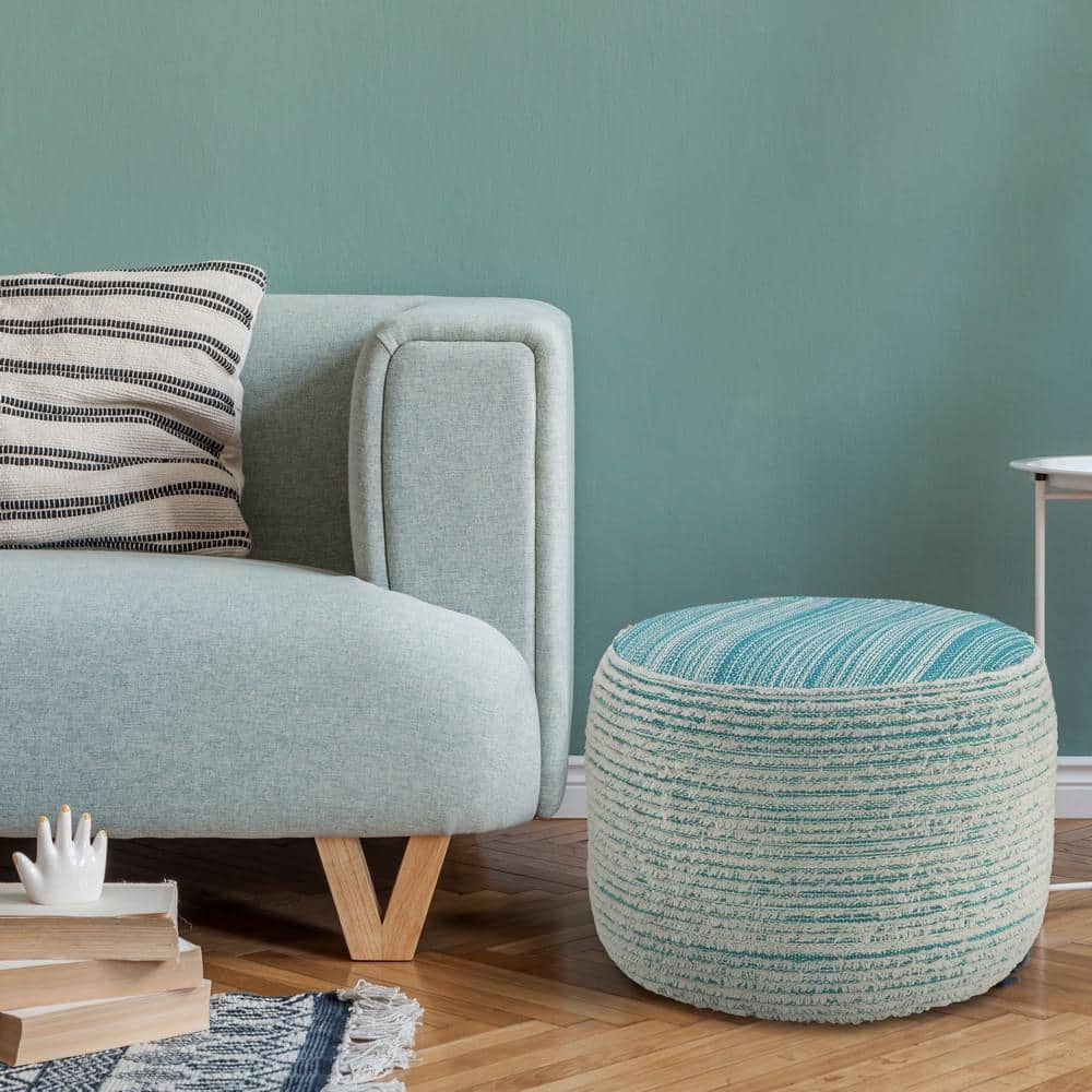 Aqua and White Textured Polyester Round Pouf Ottoman