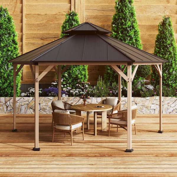 15 ft. x 15 ft. Hexagon Outdoor Wood Frame Hardtop Gazebo with Galvanized Steel Roof and Solar LED Light