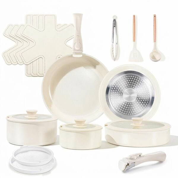 19 Pcs 3.4 QT Cream White Ceramic Nonstick Removable Handle Induction Dishwasher Safe Stock Pot with Oven Safe Lid