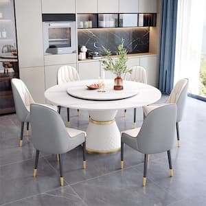 59.05 in. Rotable Round Lazy Susan Sintered Stone Tabletop with Pedestal PU Leather Base Kitchen Dining Table (8-Seats)