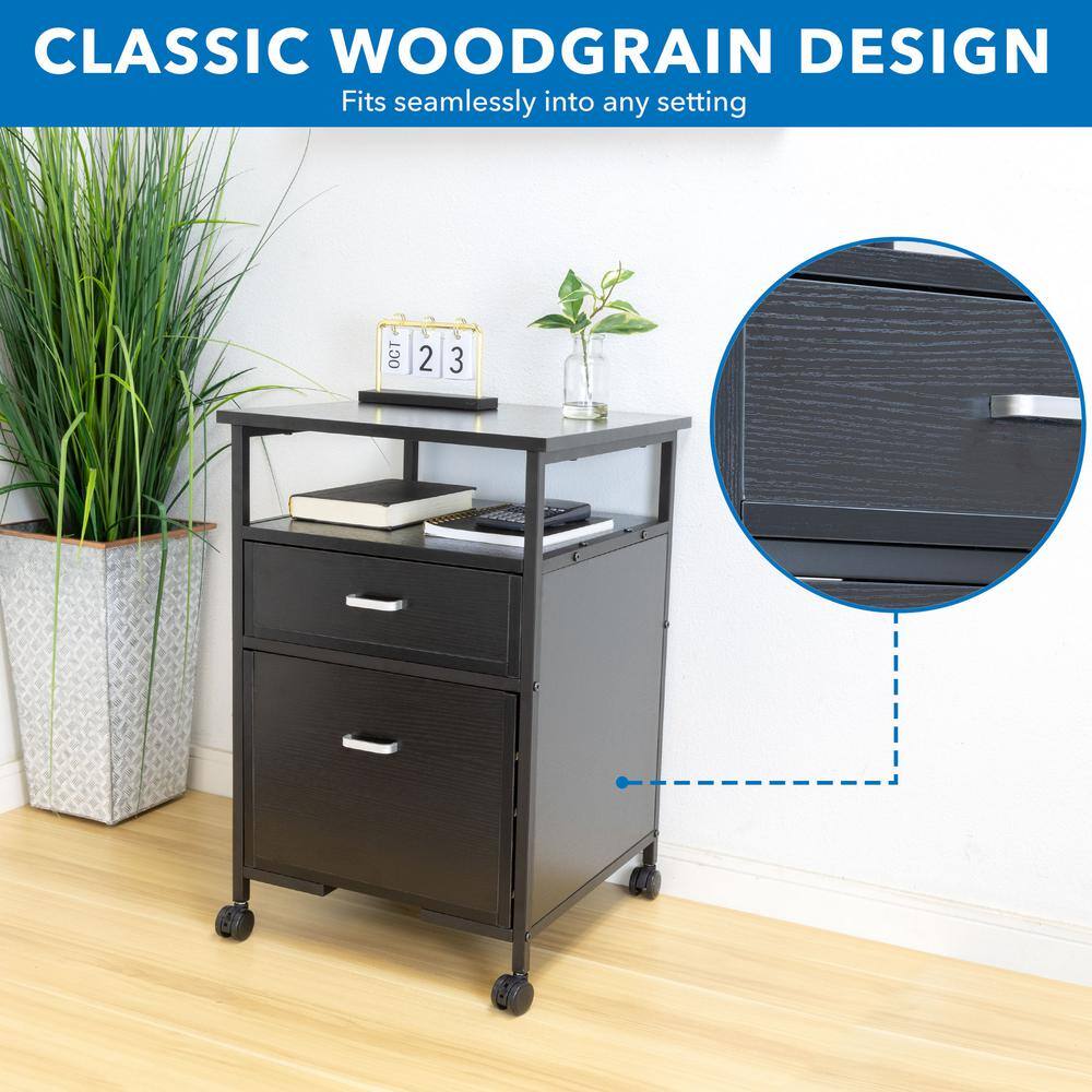 Black Mobile 2-Drawer Lockable File Pedestal with Open Shelf