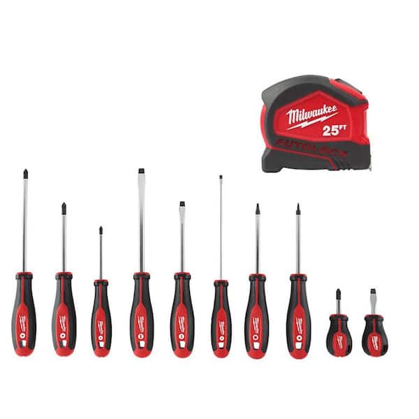 Milwaukee Compact Auto Lock 25 ft. SAE Tape Measure with Fractional Scale and 9 ft. Standout with Screwdriver Set
