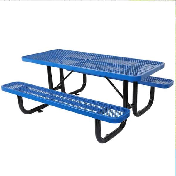 Unbranded 72 in. Blue Rectangle Steel Picnic Tables 6 Person Seating Capacity Umbrella Hole