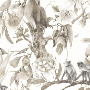 Beige, Sepia and Taupe Lemur and Monkeys Vinyl Wallpaper