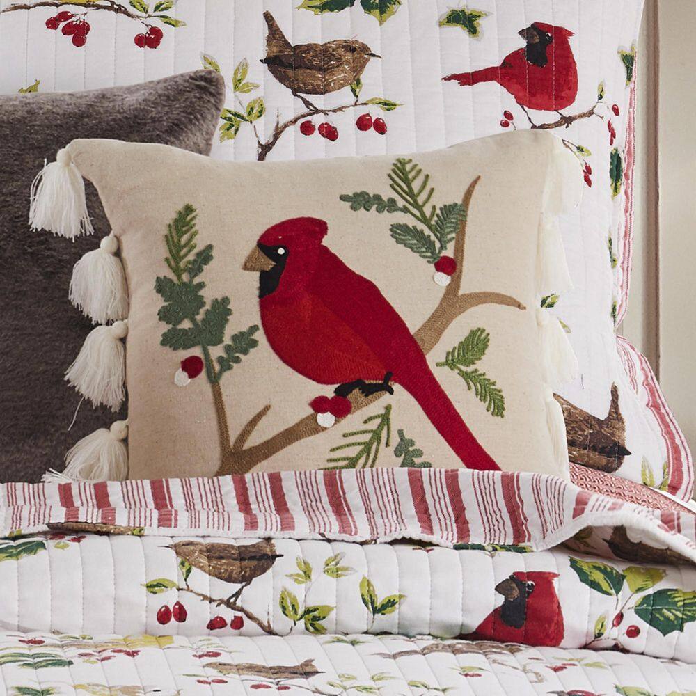 Embroidered Cardinal Bird Faux Linen Tassel Pillow 18x18