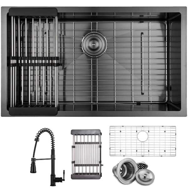All-in-One Matte Black Finished Stainless Steel 32 in. x 19 in. Undermount Single Bowl Kitchen Sink with Faucet