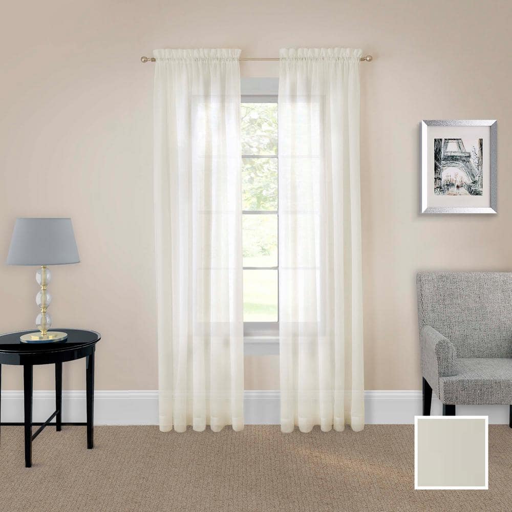 Ivory Sheer Cotton Polyester Rod Pocket Window Drapes, 59 x 84 in