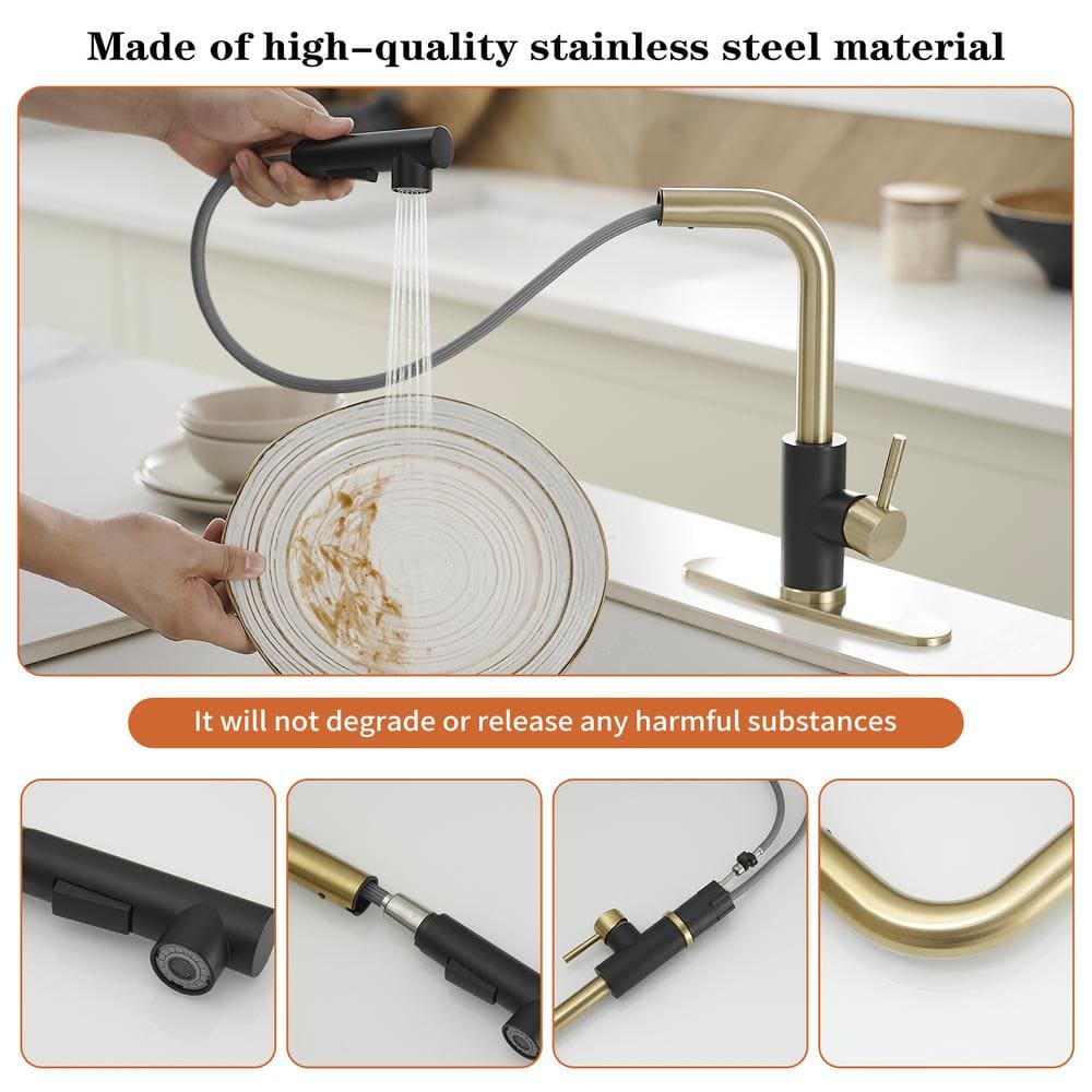 Matte Black and Brushed Gold Stainless Steel Pull-Out Kitchen Faucet