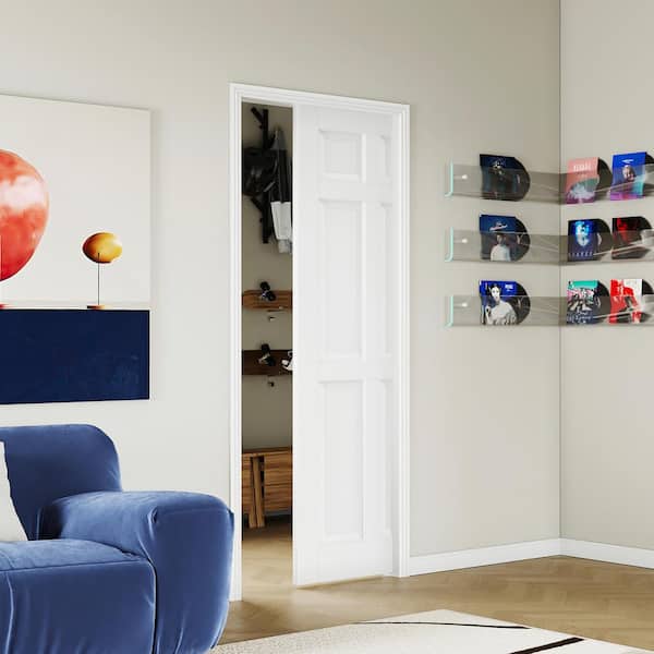 30 in. x 80 in. 6 Panel, Pre-Assembled Panel, MDF, White Primed Pocket Door Frame with Hardware