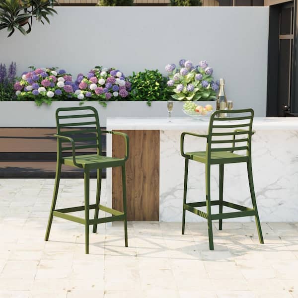Frond and Form 29.5 in. Outdoor Patio All-Weather Olive Green Poly Plastic Stackable Bar Stool (Set of 2)