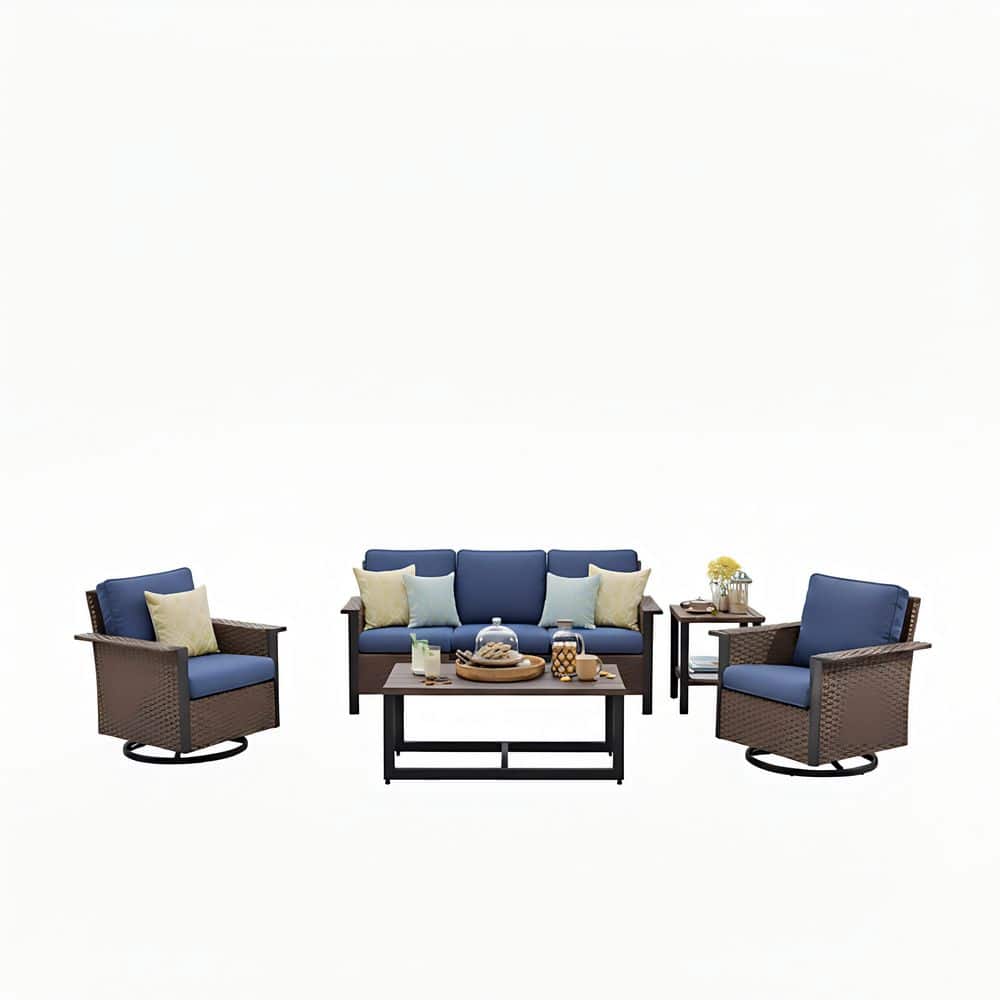 5-Piece Patio Wicker Conversation Set with Swivel Rocking Chairs, Outdoor Sofa with Deep Blue Cushions