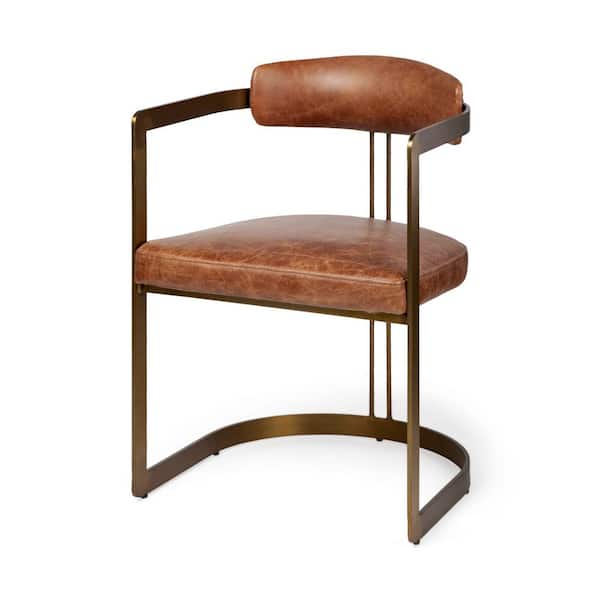 Hollyfield I Tan Brown Leather and Antiqued Brass Metal Armchair Set of 1 with U-Shaped Frame and Industrial Design