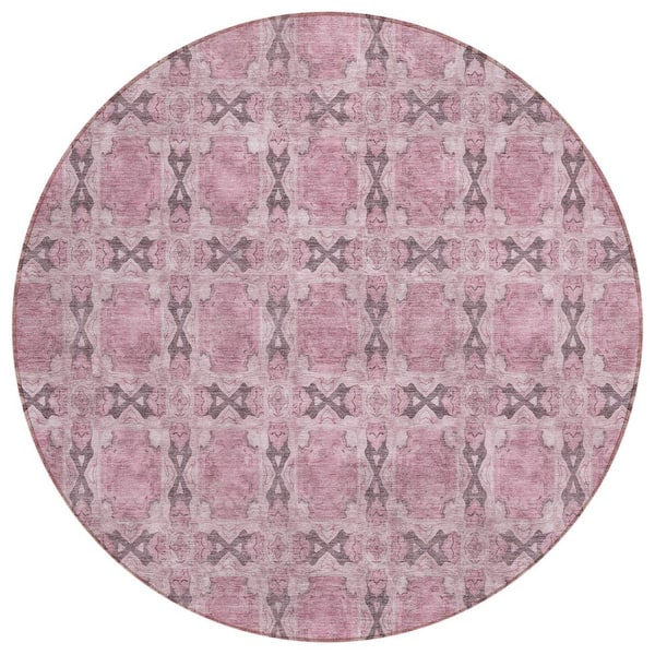 Pink 8 ft. Round Woven Floral;Medallion Round Indoor/Outdoor Area Rug